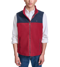 tommy hilfiger mens polar fleece vest zip up- red with upper navy color block