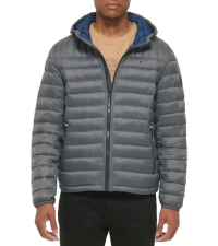 tommy hilfiger mens ultra loft filled hooded puffer jacket- grey with navy interior hood