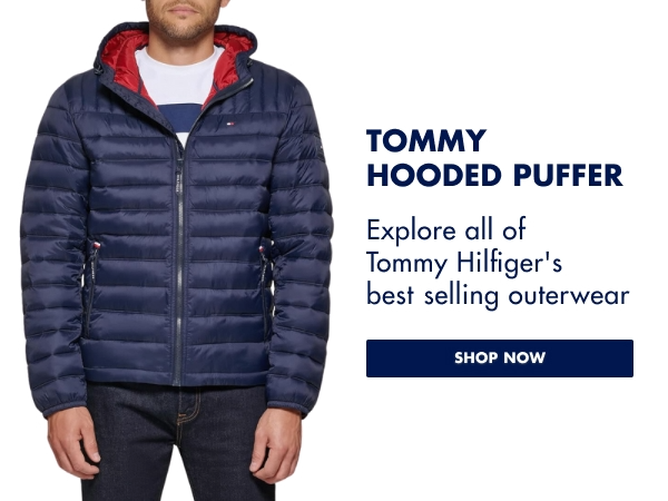 Tommy hilfiger mens hooded puffer jacket -  navy with red interior