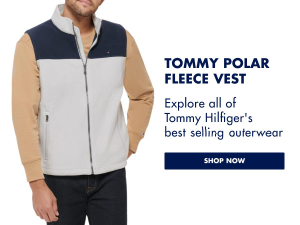 tommy hilfiger men&#39;s polar fleece vest - grey with upper color block navy