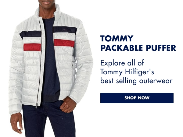 tommy hilfiger men''s packable puffer jacket, zip up- white with upper blue and red stripe