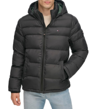 tommy hilfiger men''s black puffer jacker with hood and interior bib stand collar