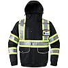 JKSafety 10 Pockets Hi-Vis Waterproof 3M Reflective Winter Bomber Jacket | Black Color | Secured Tablet Pocket | Detachable Hood and Retractable ID Pocket | ANSI Compliant (118-Black, Large)