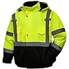 DPSAFETY safety jacket for men, Reflective high Visibility Hooded jacket, Hi-Vis Bomber Jacket with Pockets and Zipper, waterproof, Black Bottom, ANSI/ISEA 107-2020 Type R Class 3,Lime