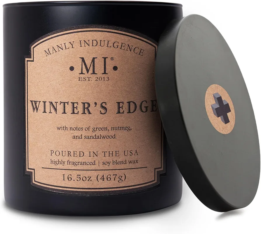 Manly Indulgence Winters Edge Scented Jar Candle, 2 Cotton Wicks, Premium Soy Blend White Wax, 60 hr Burn, Matte Black Jar Candle for Home and Men, 16.5 oz - USA Poured