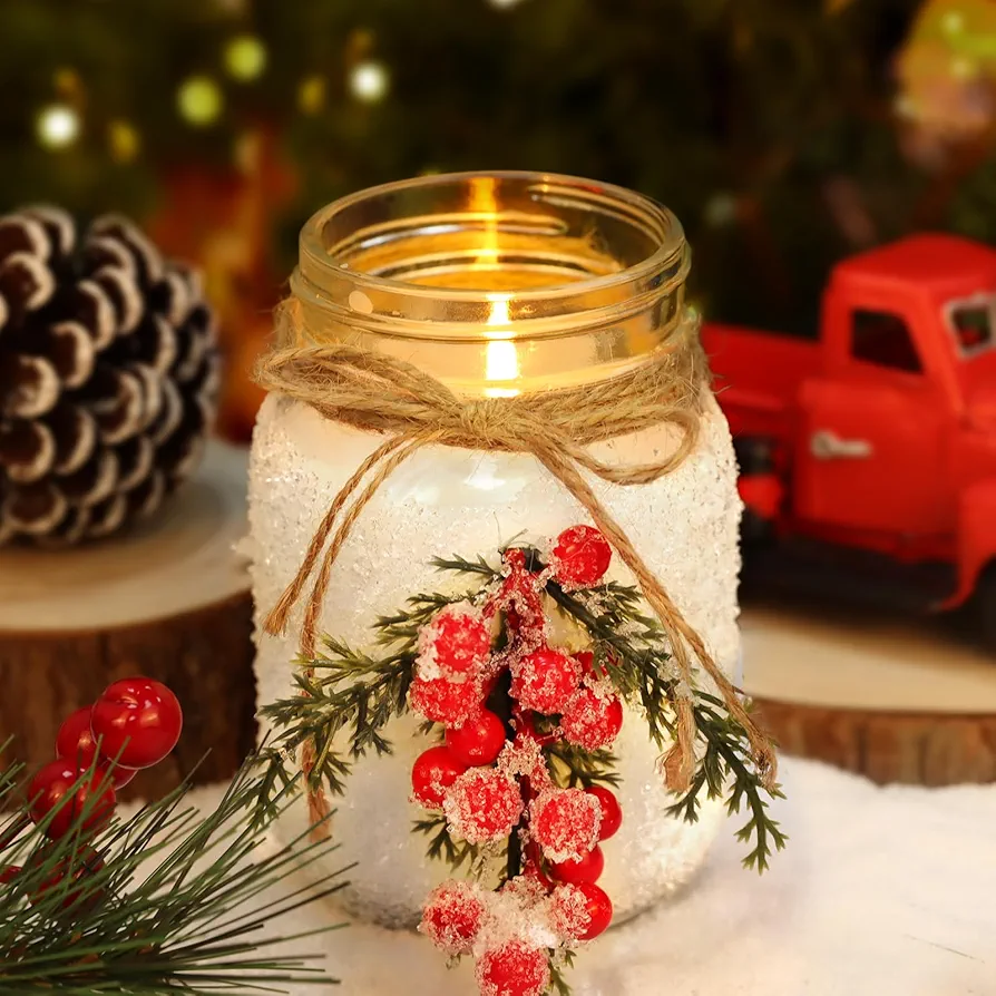 18 Oz Winter Mason Jar Candle Decoration, Christmas Scented Candle Rustic Farmhouse White Candle for Christmas Home Classroom Indoor Bathroom Decoration Supplies