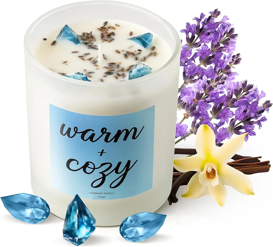 WATINC Warm and Cozy Crystal Winter Candle Decor Gifts, Vanilla & Lavender Handmade Scented Candles, 65H Burning 12oz Natural Soy Wax Stress Relief Appreciation Christmas Gift for Women Men