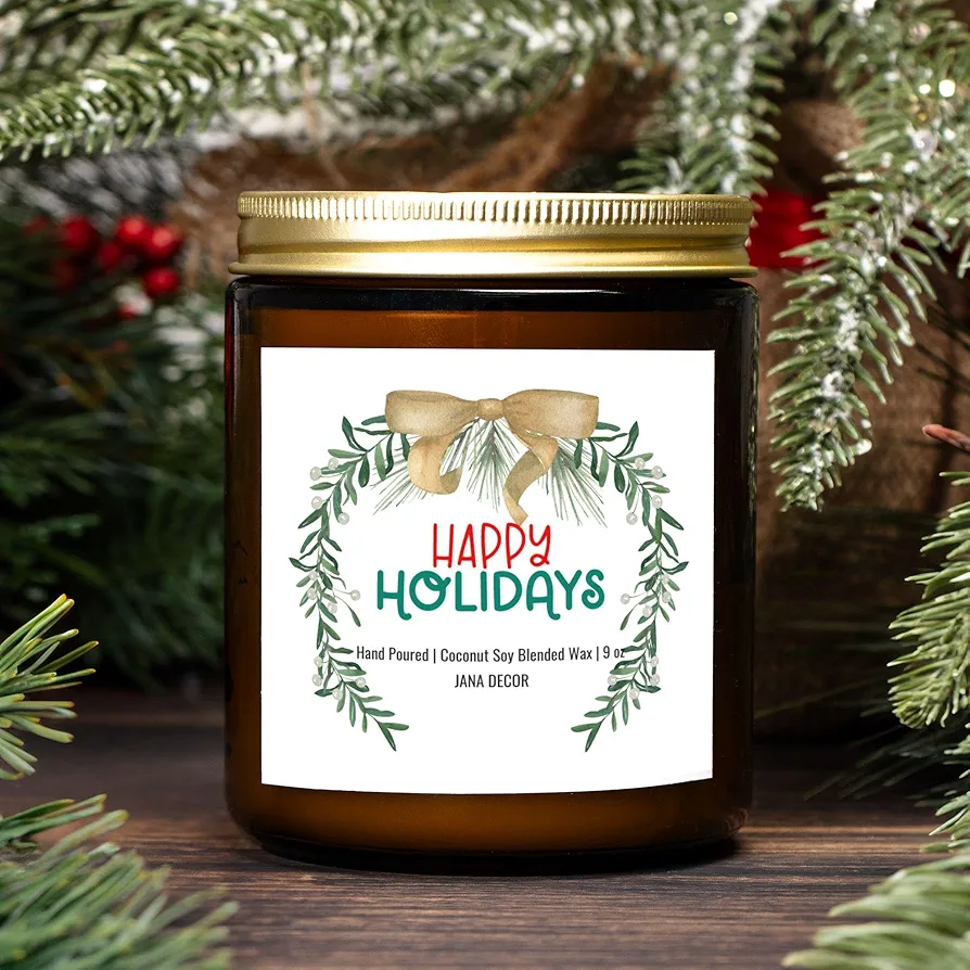 Happy Holidays Candle Holiday Candle Idea for Hostess Christmas Winter Candle Christmas Card 9oz Hand Poured Coconut Soy Wax Amber Jar, 9oz Candle, Home Decor Candle