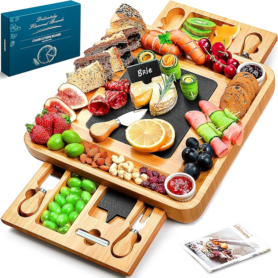 Easoger Large Bamboo Charcuterie Board with 2 Drawers, Knife and Bowls - Unique Housewarming, Wedding and Bridal Gift