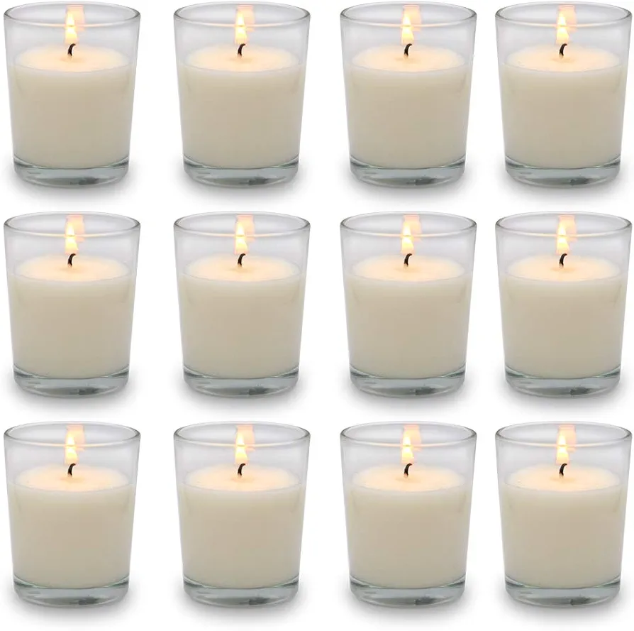 Set of 12 White Votive Candles Clear Glass Filled Unscented Soy Wax Candle for Home Décor Spa Weddings Birthday Holidays Party and DIY