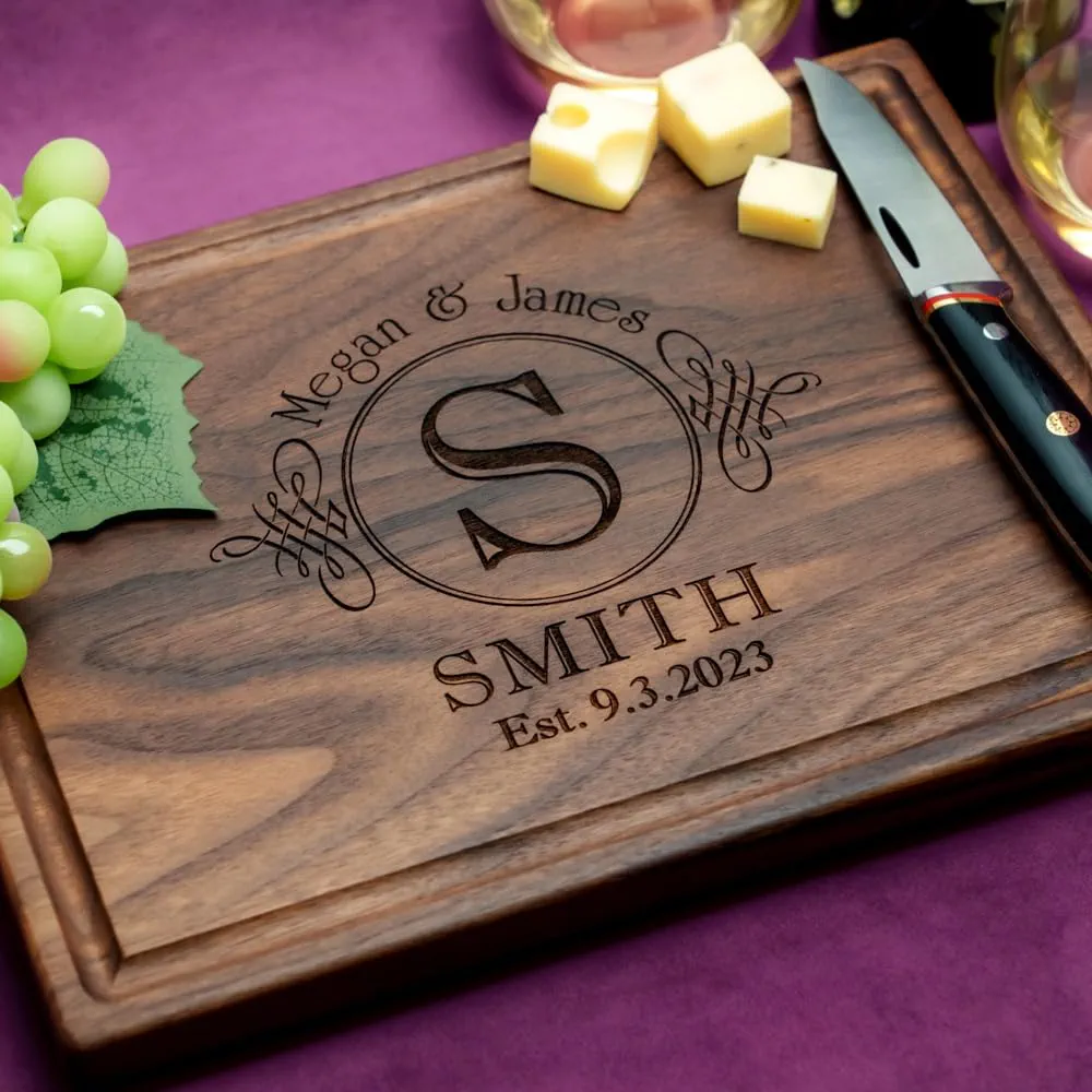 Straga Personalized Cutting Boards | Handmade Wood Engraved Charcuterie | Custom Wedding, Anniversary, Housewarming Gift for Couples (Elegant Initial Design No.005)