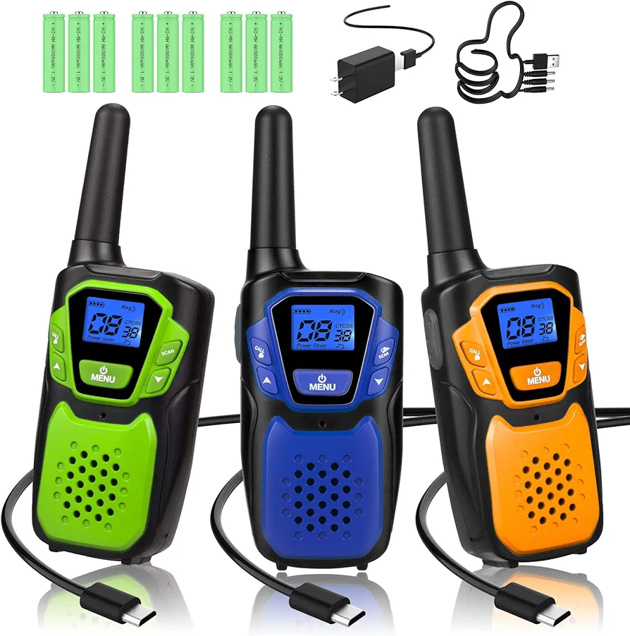 Walkie Talkies 3 Pack, Rechargeable Easy to Use Family Walky Talky Long Range 2 Way Radio Gift with NOAA Weather Channel Micro-USB Charger/Battery/Lanyard Hiking Camping Trip