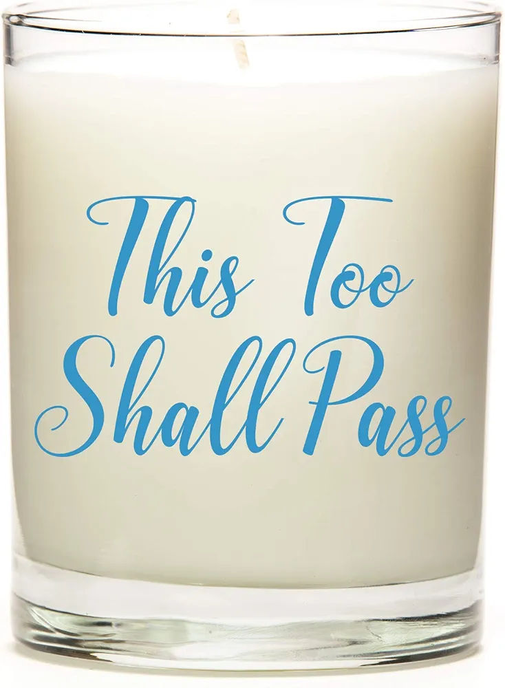 This Too Shall Pass | Candle with Color Fonts | Multiple Scent Options | 11 Ounce Clear Glass Jar Candle | Blue Font | Vanilla Fragrance | Natural Soy Wax