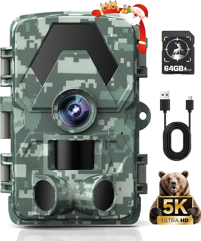 Trail Camera - 5K 60MP Game Camera with 130°Wide-Angle, 0.05s Trigger Motion Activated, IP66 Waterproof Night Vision with No Glow Infrared LEDs for Wildlife Camera