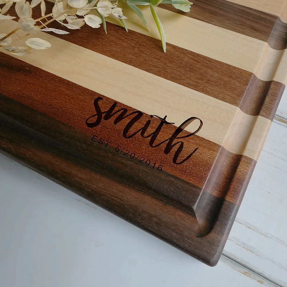 Straga Personalized Striped Cutting Board Engraved with Corner Design for Wedding, Anniversary, Birthday or Housewarming Gift for Couples, Family, Friend or Client.