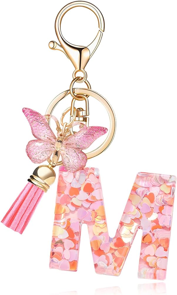 Fashion Alphabet Initial Letter Keychain Tassel Butterfly Pendant Key Ring for Purse Handbags Women Girl