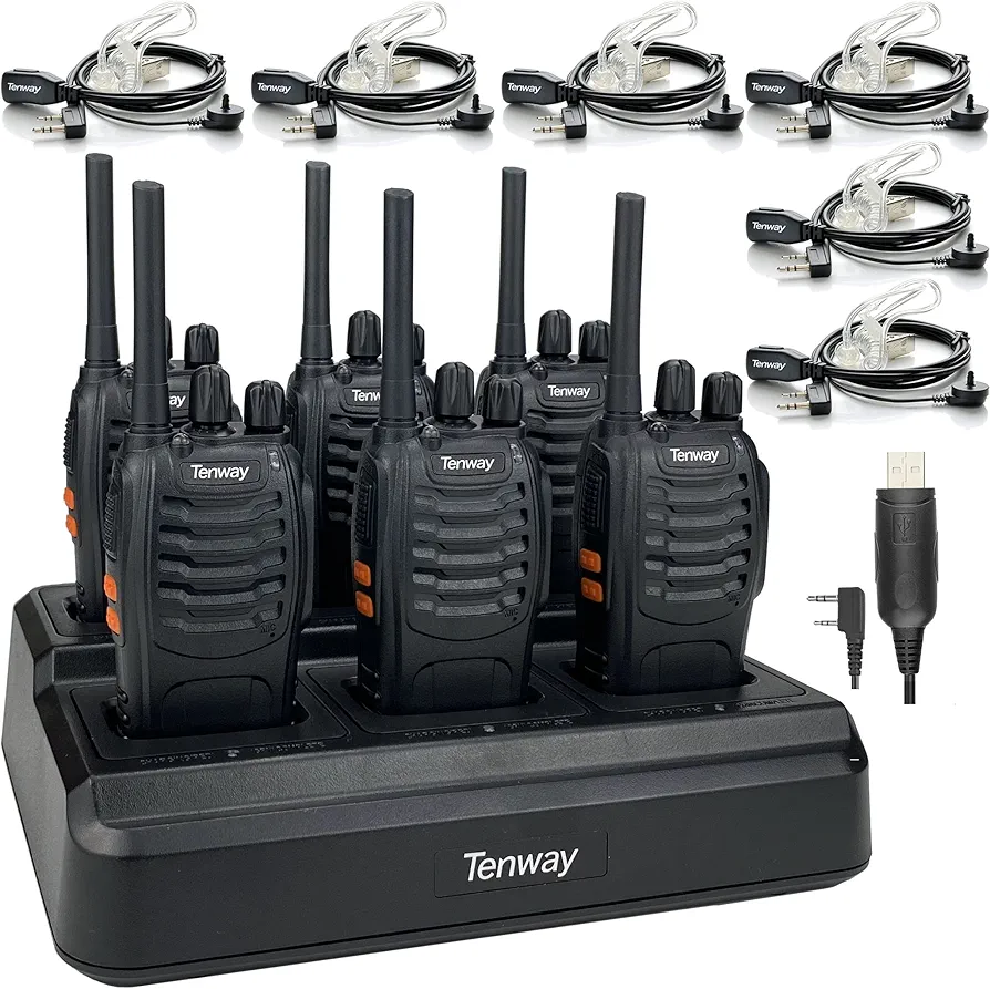 6Pack TW-888S Two Way Radio for Adult Long Range Rechargeable Handheld Walkie Talkie with Air Earpiece and Programming Cable and 6 Way Multi Unit Charger