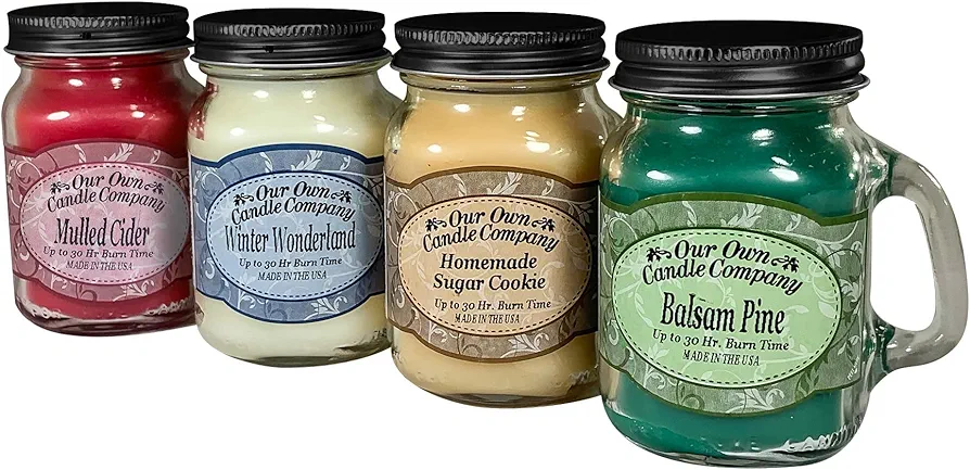 Our Own Candle Company 4 Pack Christmas Assortment Mini Mason Jar Candles - 3.5 Oz Balsam Pine, 3.5 Oz Homemade Sugar Cookie, 3.5 Oz Mulled Cider, 3.5 Oz Winter Wonderland