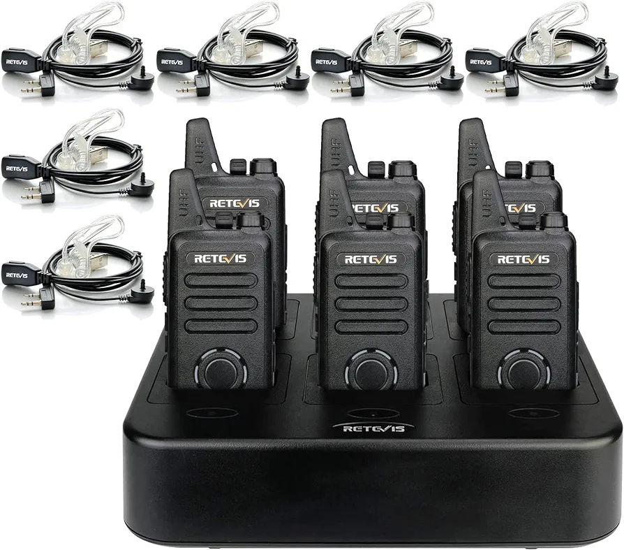 Retevis RT22S 2 Way Radios Rechargeable,Long Range Walkie Talkies with Earpiece and Mic Set,Channel Display,Signal Prompt,Handsfree Portable Two-Way Radio(6 Pack) with 6 Way Multi Gang Charger