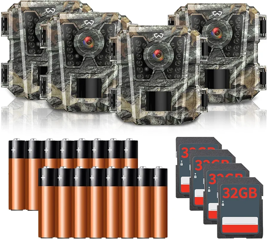 Mini Trail Camera 4 Pack 24MP 1080P HD, Game Camera with SD Card, Waterproof Tiny Hunting Camera Night Vision Motion Activated with Fast Trigger Time for Outdoor Wildlife Monitoring