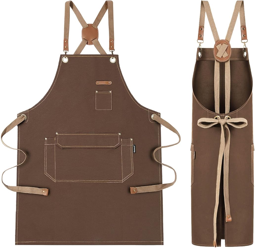 Chef Apron with Cross Back Straps for Men Women, Cotton Canvas Apron for Artists Painting, Kitchen Cooking