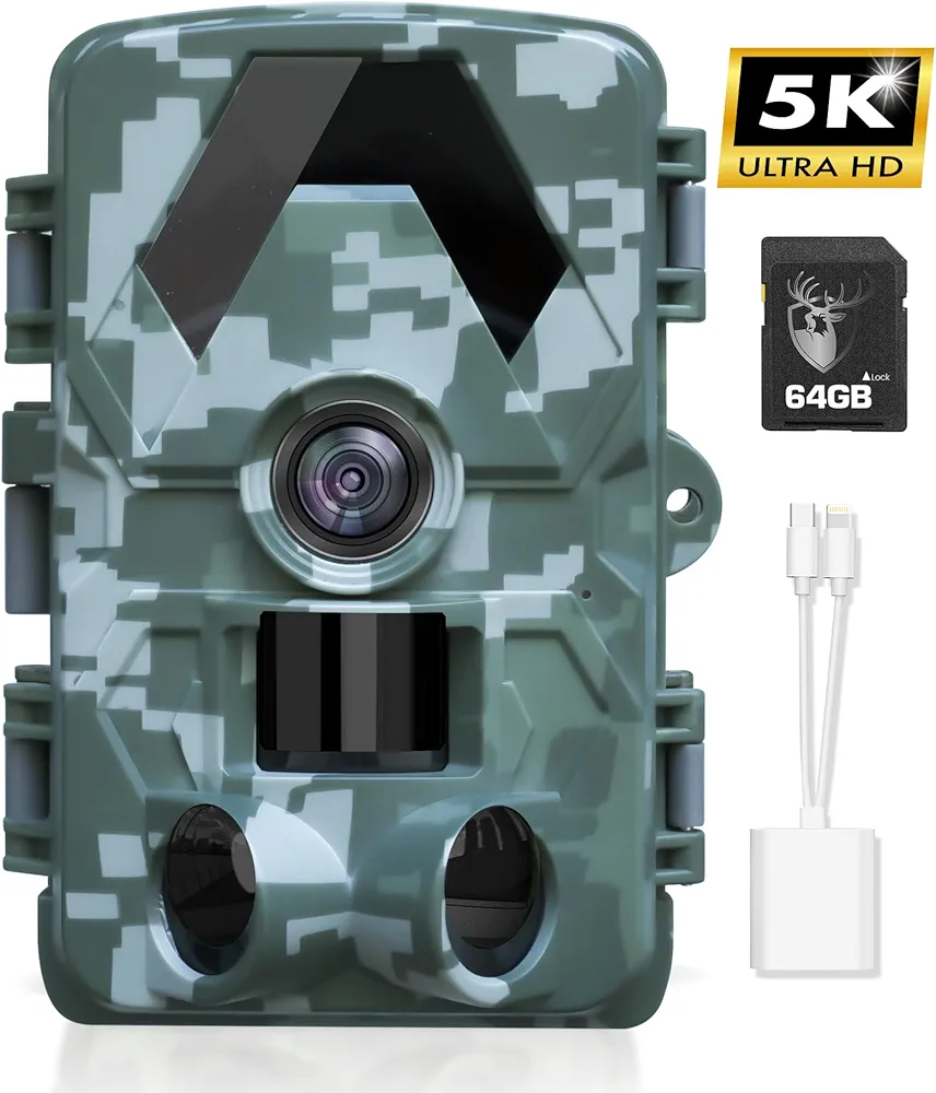 Trail Camera 5K 60MP Game Camera with 130°Wide Angle, 0.05s Motion Activated, IP66 Waterproof Night Vision with No Glow Infrared for Wildlife Camera