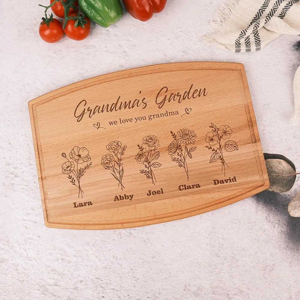 Birth Month Flower Personalized Cutting Board, Grandma's Garden with Grandkids' Names, Mama's Kitchen Gift, Custom Charcuterie Board, Mother's Day & Anniversary Gift (Birth Month Flower)