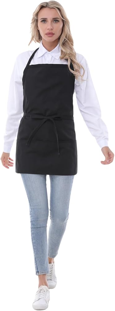 Chef Aprons for Women with 3 Pockets, Kitchen Work Apron for Cooking, Cotton Short BBQ Apron with Ultra-Long Belt