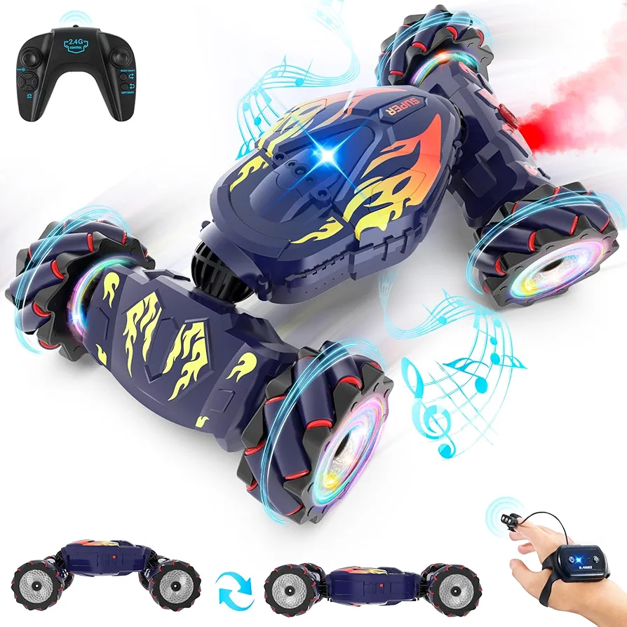 Pristar RC Cars, Gesture Sensing RC Stunt Car Toys for Boys Girls 6-12, 2.4Ghz 4WD Remote Stunt Car with Spray Lights Music 360° Rotate Fast Off-Road Transform, Birthday Xmas Gifts for Kids Age 6-12