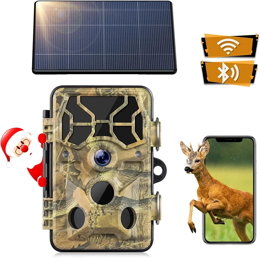 Solar Trail Camera - 30MP 1296P WiFi Bluetooth Solar Powered, Game Camera with Night Vision Motion Activated IP66 Waterproof 120° Detection Angle Hunting Camera for Wildlife Scouting