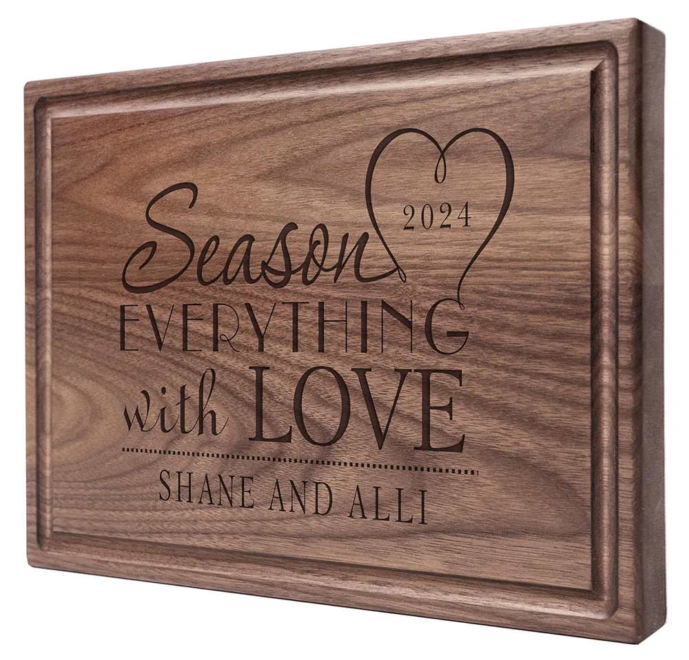 Personalized Cutting Board, Custom Wedding, Anniversary or Housewarming Gift Idea, Wood Engraved Charcuterie, for Couples or Family, Season with Love Design 032