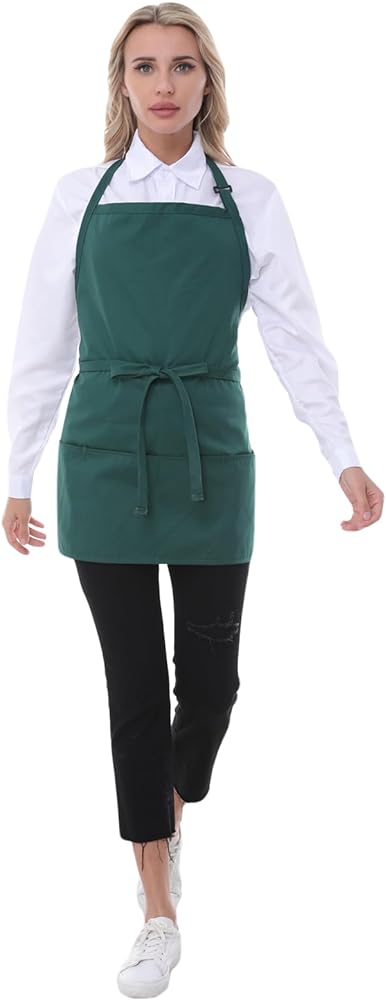 Chef Aprons for Women with 3 Pockets, Kitchen Work Apron for Cooking, Cotton Short BBQ Apron with Ultra-Long Belt