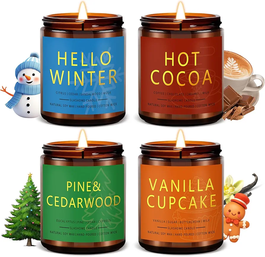 Winter Candle Set | 4 Pack Winter Scented Candles for Home | Holiday Gifts for Women Men | Soy Candles for Home Scented | Christmas Scents of Hello Winter/Pine&Cedarwood/Hot Cocoa/Vanilla Cupcake