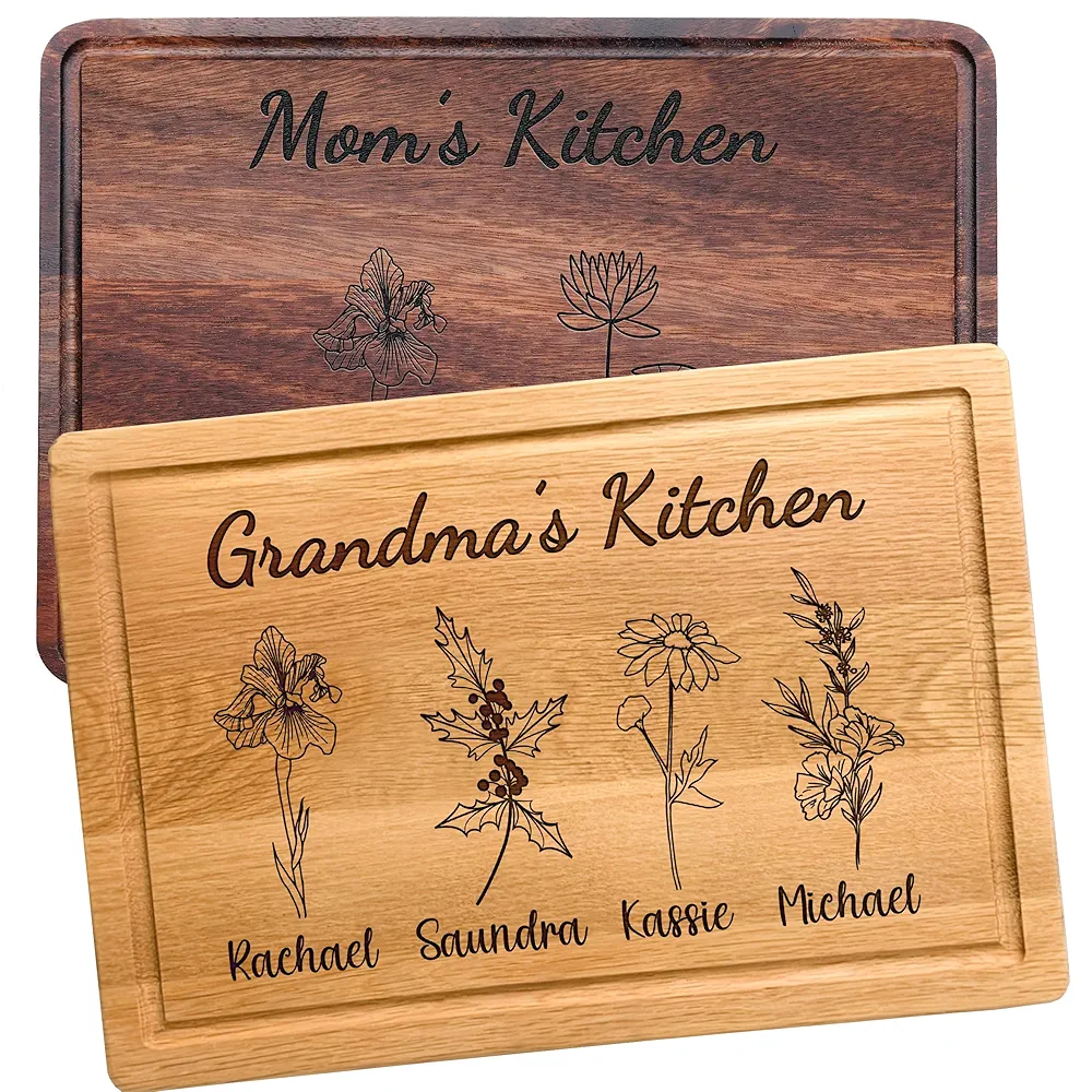 Personalized Cutting Board For Mom - Grandma, Birth Flower Grandmom's Garden, Mothers Day Gifts For Grandma, Christmas and Birthday Gifts For Mom From Son, Daughter, Chopping Board for Mama's Kitchen