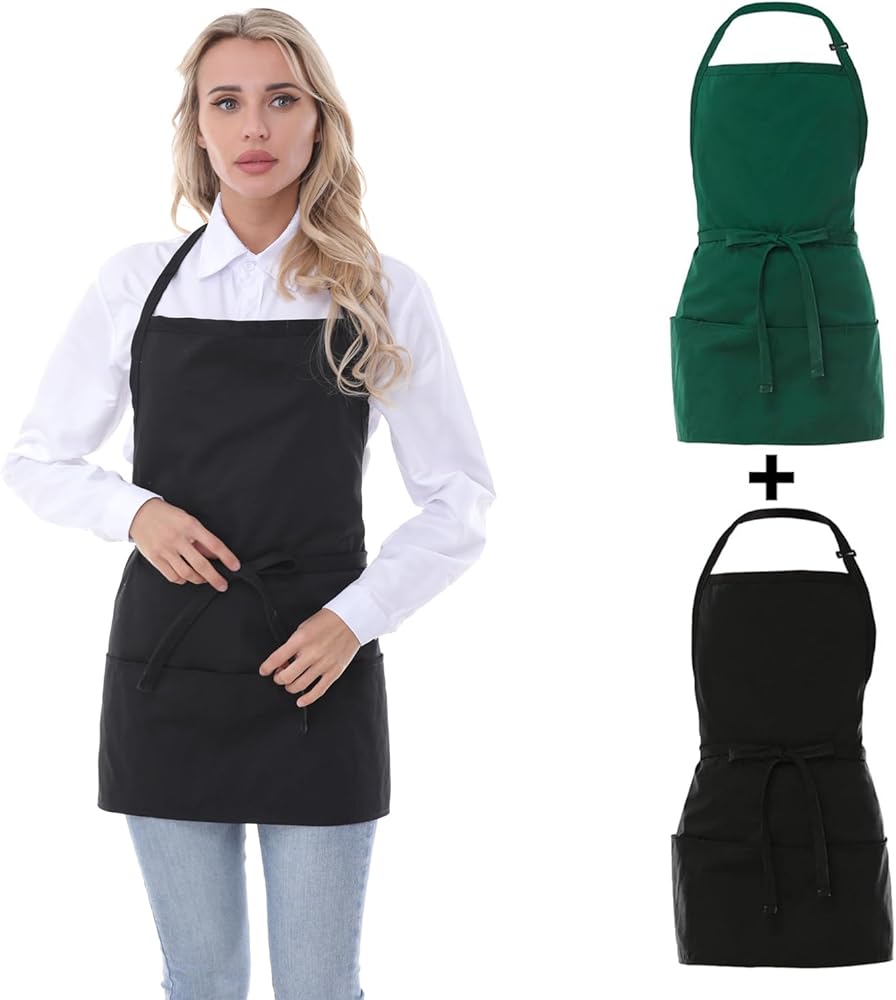 2 Pack Chef Work Aprons for Women with 3 Pockets, Kitchen Short Apron for Cooking, Black and Green