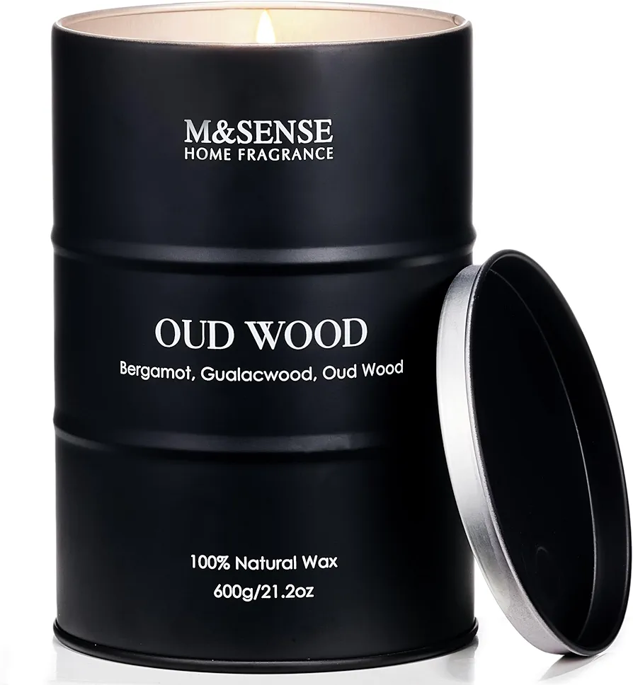 M&SENSE Oud Wood Large Scented Candles Natural Soy Wax, 21.2oz Tin Candle for Cozy Home Decor, Long Lasting Up to 120 Hours Burning Time, Unique Candle Gifts for Men Women