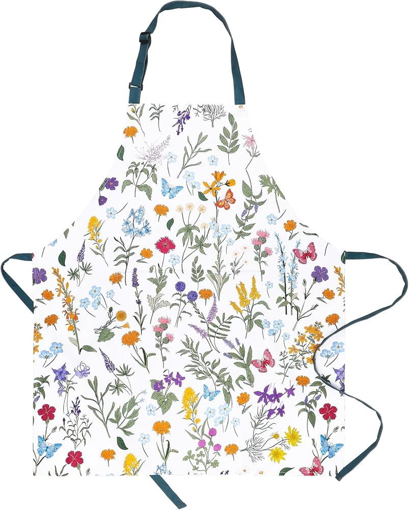 Floral Aprons for Women with Pockets, Elegant and charming wildflowers and butterflies Design, Cute Kitchen Cooking Apron, Waterproof Chef Apron Adjustable Gardening Apron for Women