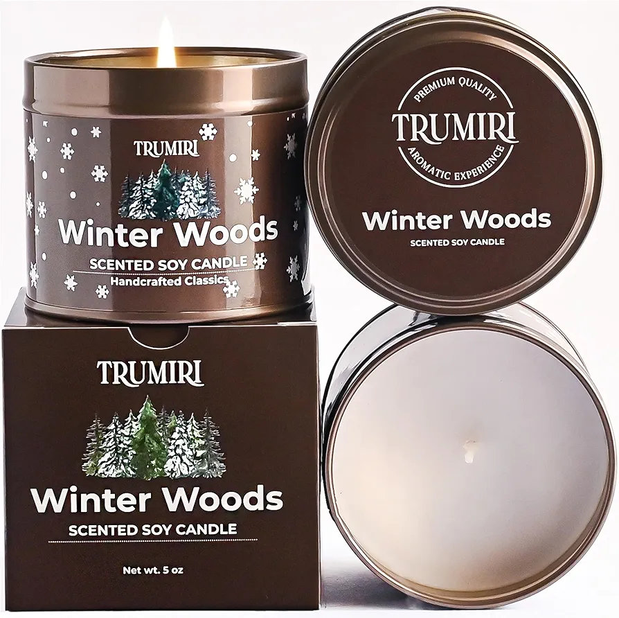 Winter Woods - Soy Candles for Home Scented - for Fall Christmas Holidays - 5oz Natural Clean Non Toxic - Long Lasting Highly Scented Pet Safe Luxury Tin - Velas Aromáticas Para el Hogar - Pine Candel