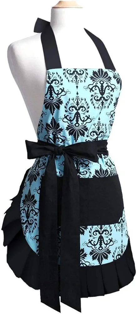 G2PLUS Mothers Aprons for Women with Pockets, Extra Long Ties, Vintage Damask Apron, Perfect for Kitchen Cooking, Baking and Gardening, 28 x 27 - inch (Blue)