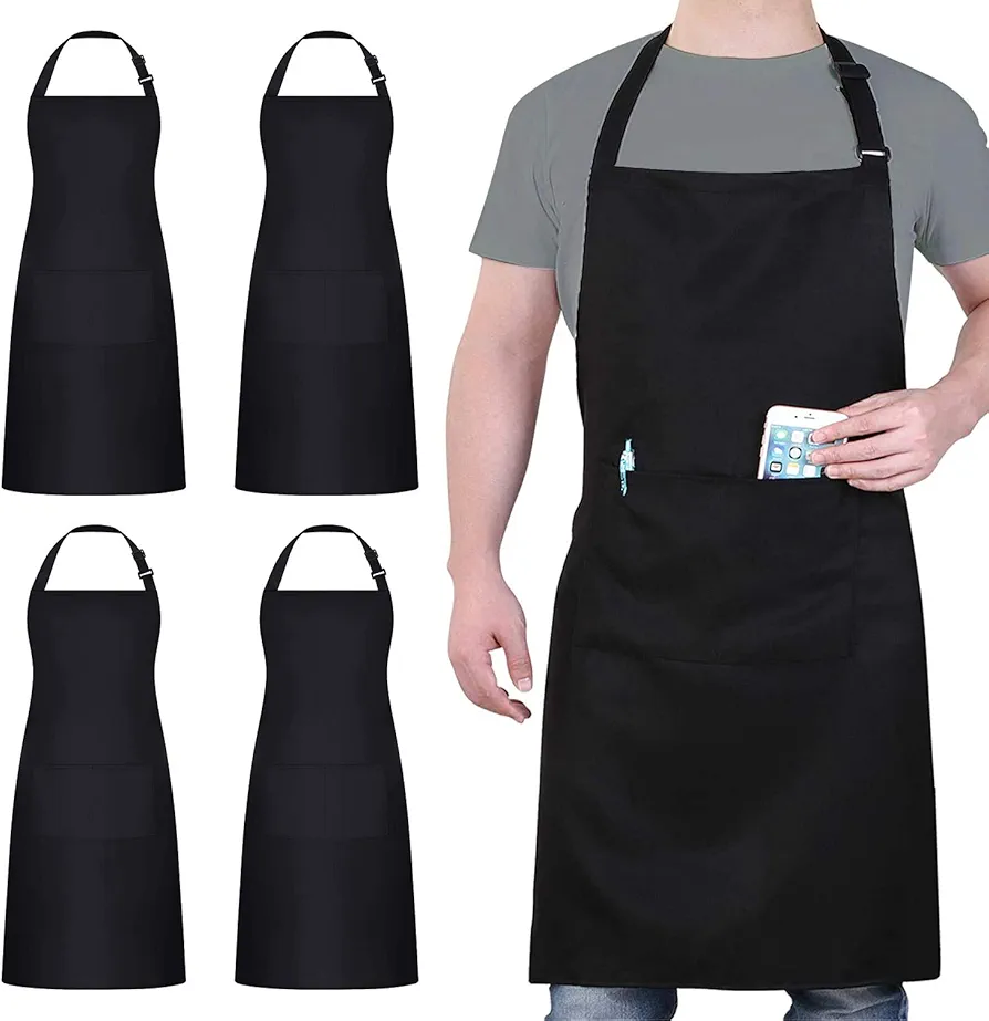 4 Packs Chef Apron, Black Waterproof Apron, Adjustable Apron with 2 Pockets for Men Women, Professional Apron for Kitchen Cooking Gardening Painting Baking Restaurant (Black)