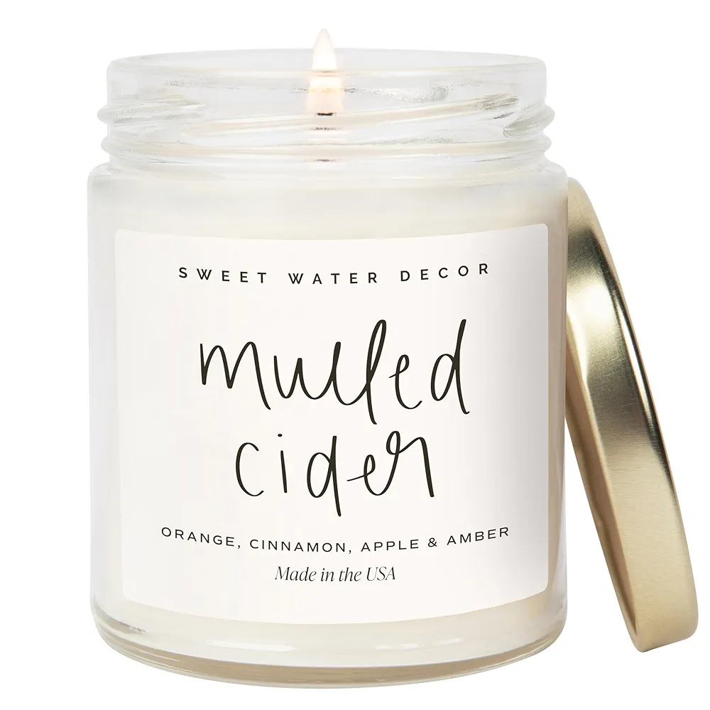 Sweet Water Decor Mulled Cider Candle - Fall Candle with Cinnamon, Icing and Cinnamon Buttery Pastry for Home - Fall Soy Candle with 40 Hours Burn Time - 9Oz Gold Lid Clear Jar Mulled Cider Scents