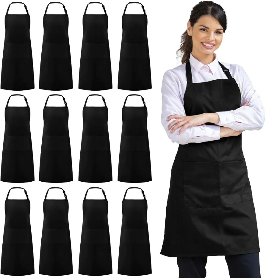 Syntus 12 Pack Bib Apron, Unisex Aprons Adjustable Waterdrop Resistant with 2 Pockets Cooking Kitchen Apron for Chef, BBQ Drawing Apron Bulk, Black