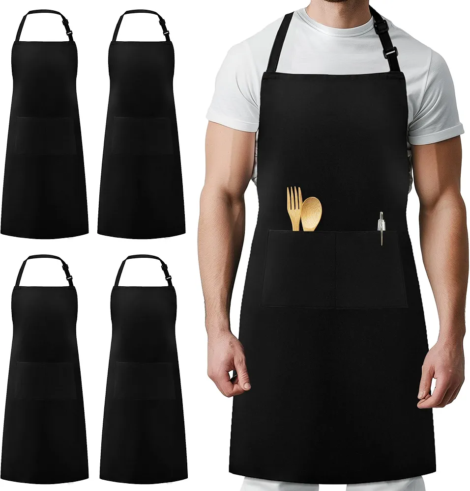 Syntus 4 Pack Chef Apron, Adjustable Bib Apron Waterdrop Resistant Professional Cooking Aprons for Men Women with 2 Pockets, Black