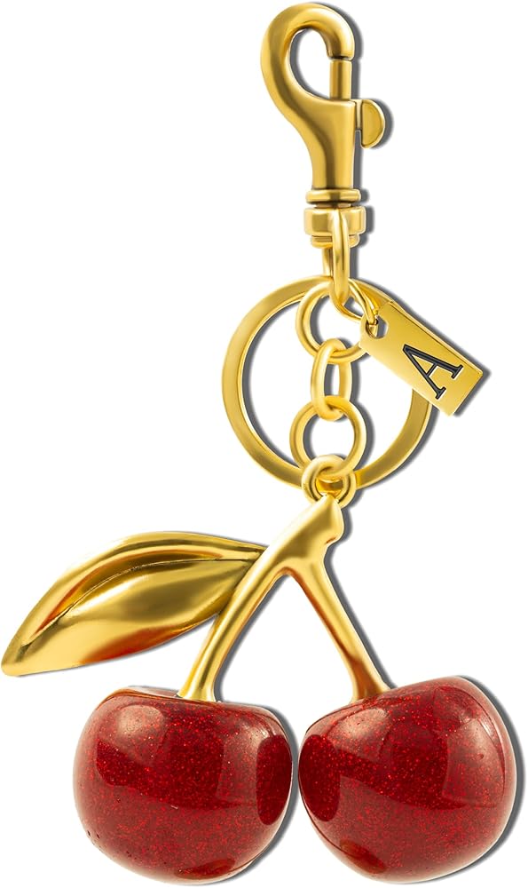 Cherry Bag Charm, Cherry Keychain,Initial Square Charm, 18K Gold Plated Glittering Cherry Purse Charm