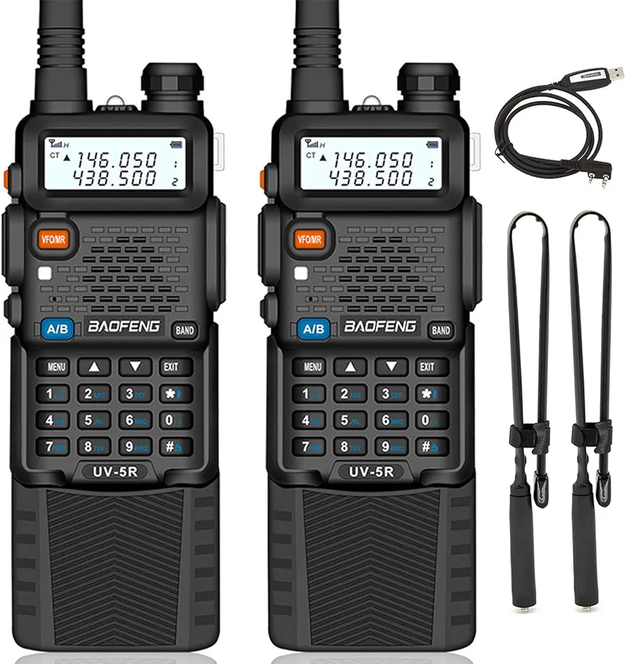 Baofeng 2 Pack UV-5R Plus 8W Ham Radio Dual Band VHF/UHF Amateur Two Way Radio Handheld Long Range Walkie Talkies for Adults with Tactical High Gain Antenna, Programming Cable, Earpiece