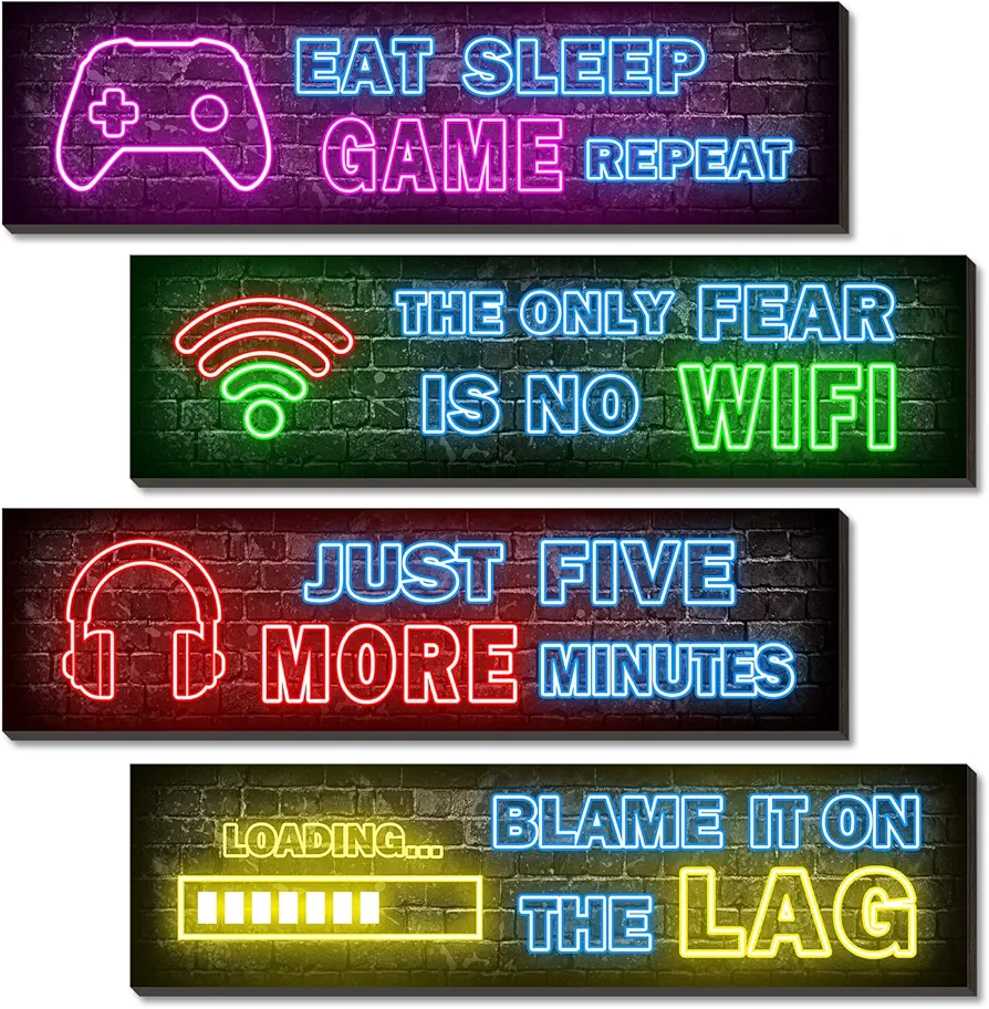 4 Pcs Printed Neon Gaming Posters, Teen Boys Room Decorations, gamer wall art Decor for bedroom Wooden