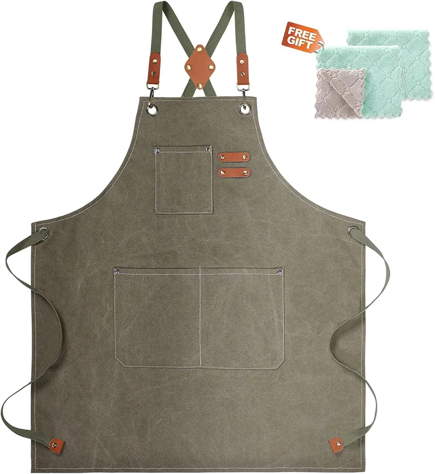 Aprons for Men Women with Large Pockets, Cotton Canvas Cross Back Apron with Adjustable Straps,Kitchen Cooking Baking Bib Work Apron