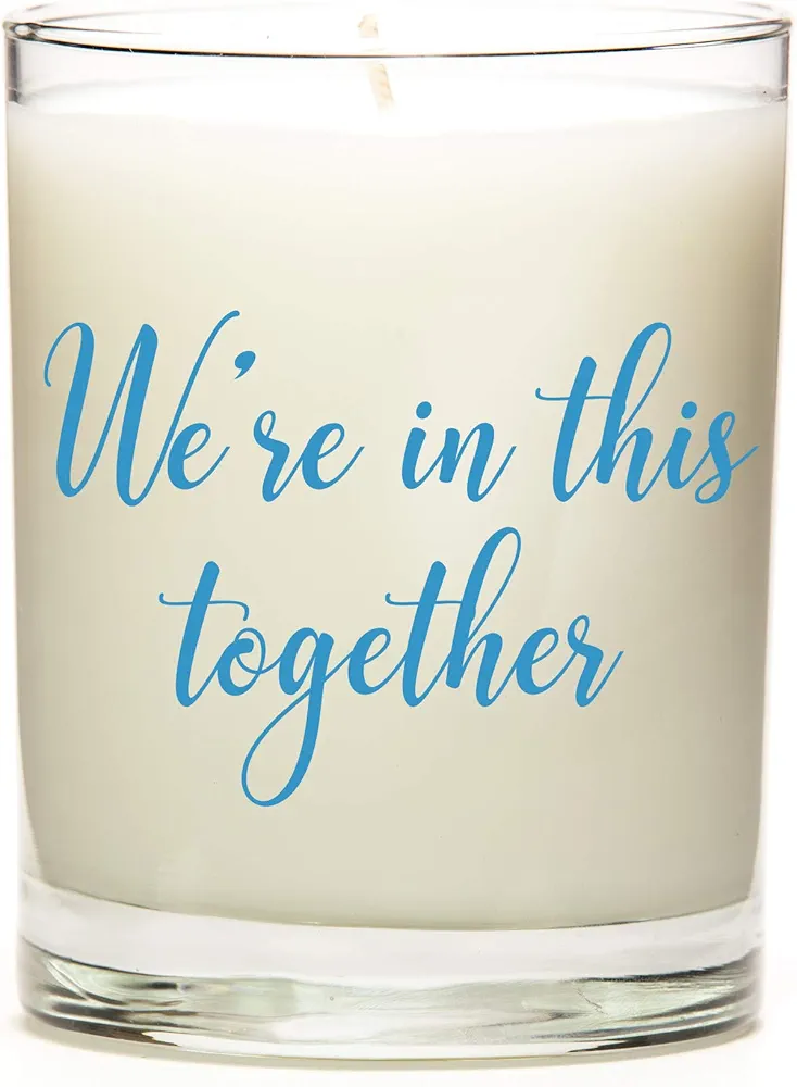 We're in This Together | 11 Ounce Clear Jar Candle | 8 Scent Options | Blue Font | Apple Fragrance | Personalized Candle Label