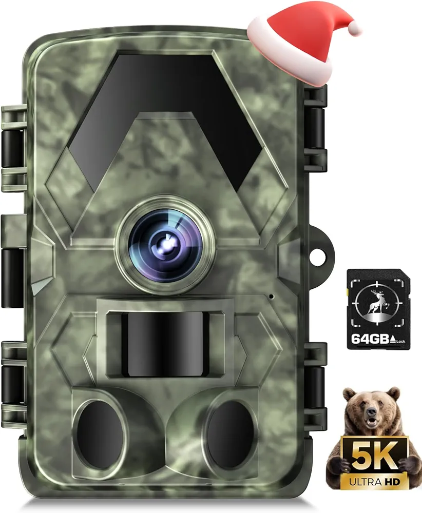 Trail Camera, 5K 60MP Game Camera with 0.05s Trigger Time Motion Activated 150°Wide-Angle, No Glow Night Vision with IP66 Waterproof Hunting Camera for Outdoor Wildlife