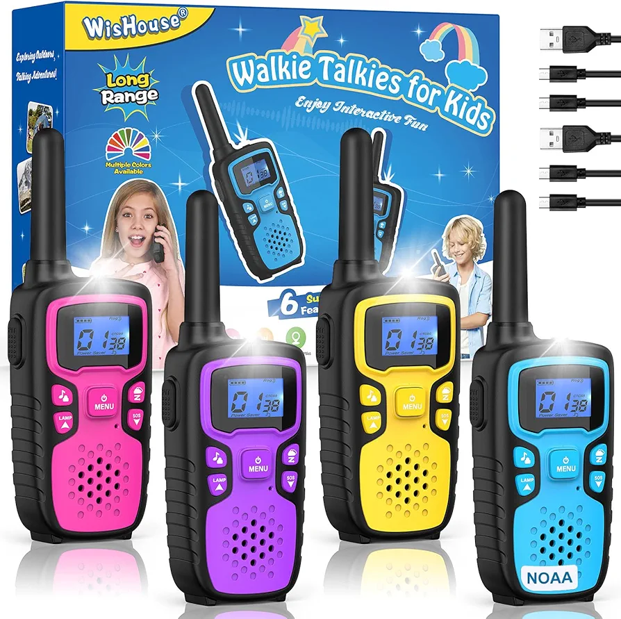 Walkie Talkies for Kids Rechargeable Long Range,WisHouse Xmas Birthday Gift for 3 4 5 6 7 8 Year Old Boys Girls,Hiking Gear Camping Games Cool Toys with NOAA,SOS Siren,Lamp,Lanyards,Easy to Use,4 Pack